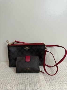 Coach Hayden Signature Canvas/leather Crossbody & Wallet Brown with Red Trim